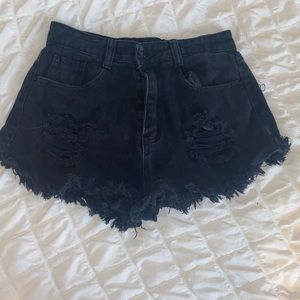 Black distressed denim shorts